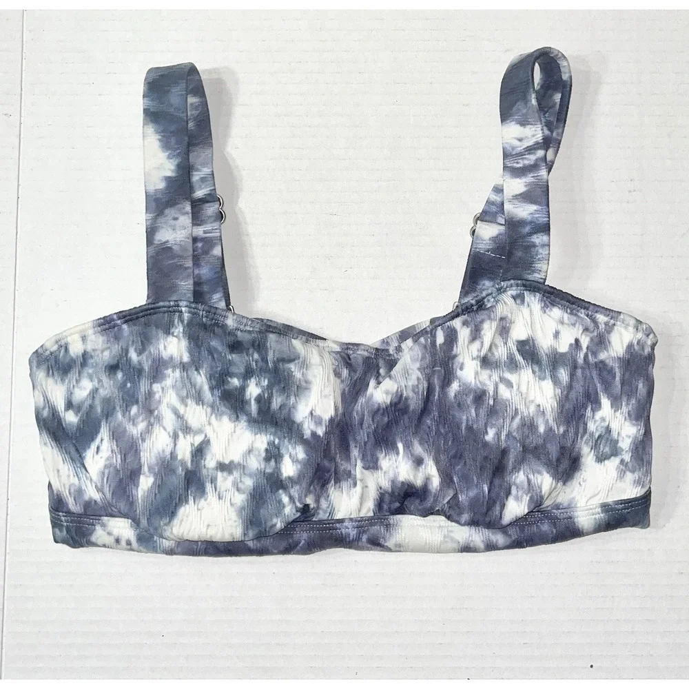 Athleta Underwire Bikini Top 34D/DD Blue White Tie Dye Crisscross Back